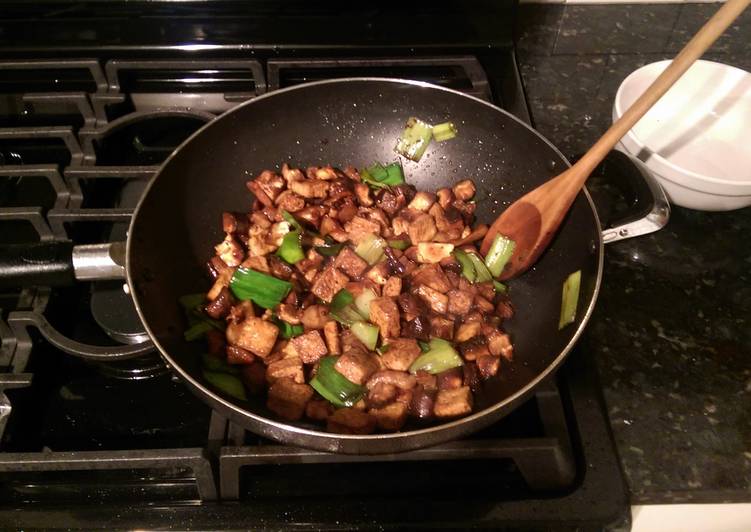 Fried Tofu with Pork Belly, Mushrooms and Leeks