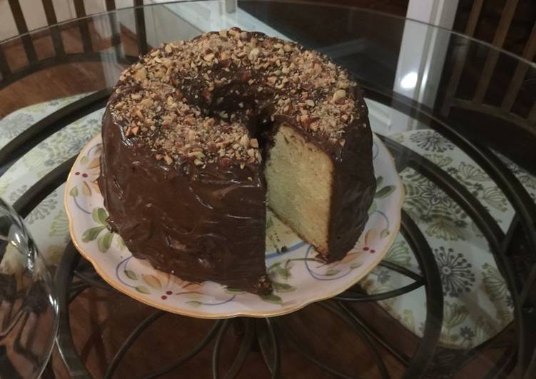 Butter pound cake with chocolate almond frosting