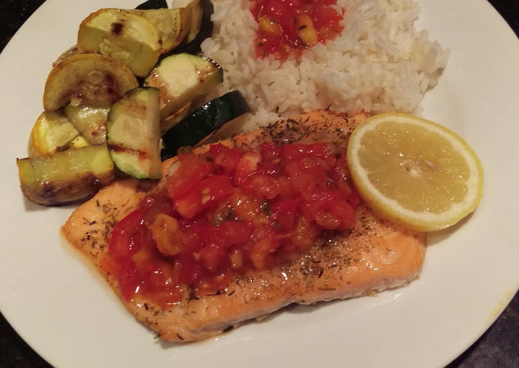 Grilled "Planked" Salmon with Peach - Mango Salsa