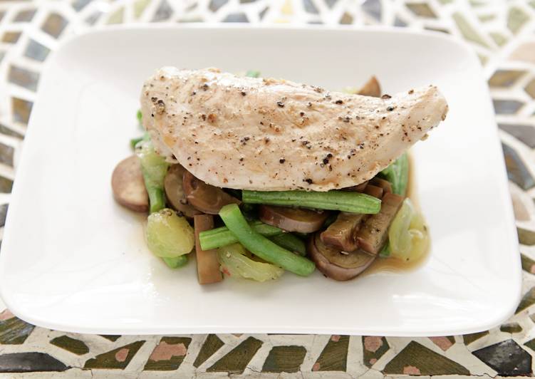 Pan Seared Chicken with Green Bean, Japanese Eggplant, and Muscadine Sauté