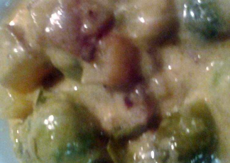 Brussel sprouts bacon potatoes and cheese sauce