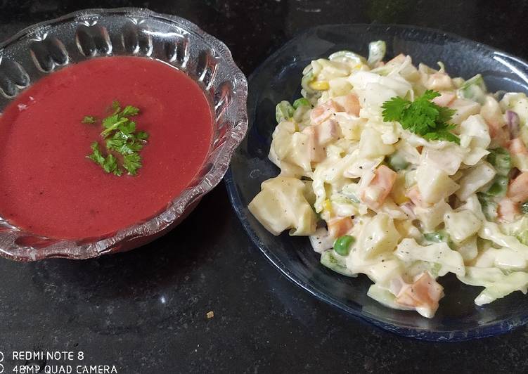 Beetroot soup with Mexican salad