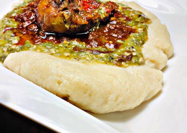 Semovita (swallow)with okra soup and stew