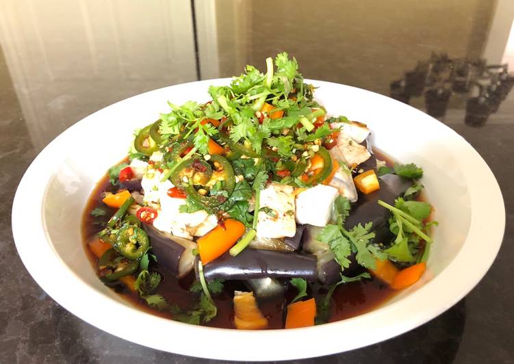 Spicy Steamed Eggplant & Tofu Salad with Ginger Soy Sauce