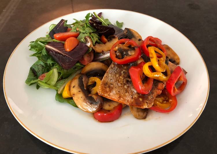 Grilled Salmon with Sautéed Mushrooms mixed Bell Peppers, and Greens Salad used BBQ Sauce