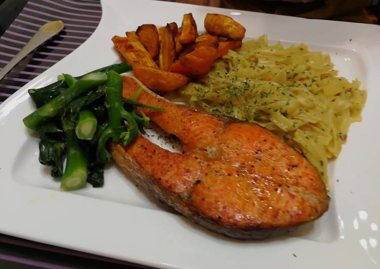 Dried Scallop Pasta With Baked Salmon Steak And Baked Sweet Potato In Coconut Oil